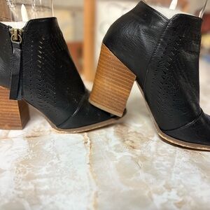 Black Leather Ankle Booties with Stacked Heel
